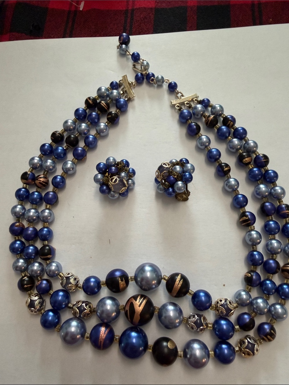 Vintage Triple-Strand Blue and Black Beaded Necklace with Matching Clip Earrings